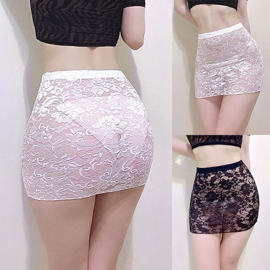 Sexy See Through Lace Mini Hip Skirt Transparent Hollow Out Neat Buttocks Porn Allure Ultrashort Skirts Nightclub Miniskirt