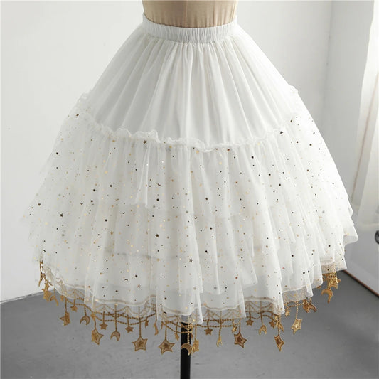 Women Chiffon Petticoat Girls Lolita Underskirt Elastic Waist Mid-Length Fishbone Support Soft Yarn Tutu Skirt Moon Star River