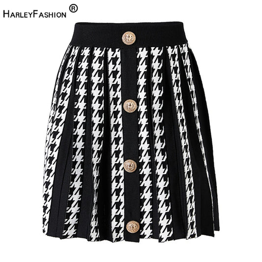 Y2K Hot Girl Elastic Waist Houndstooth Pattern Mini Casual Short Women Summer Knit Skirt Pleated A-line